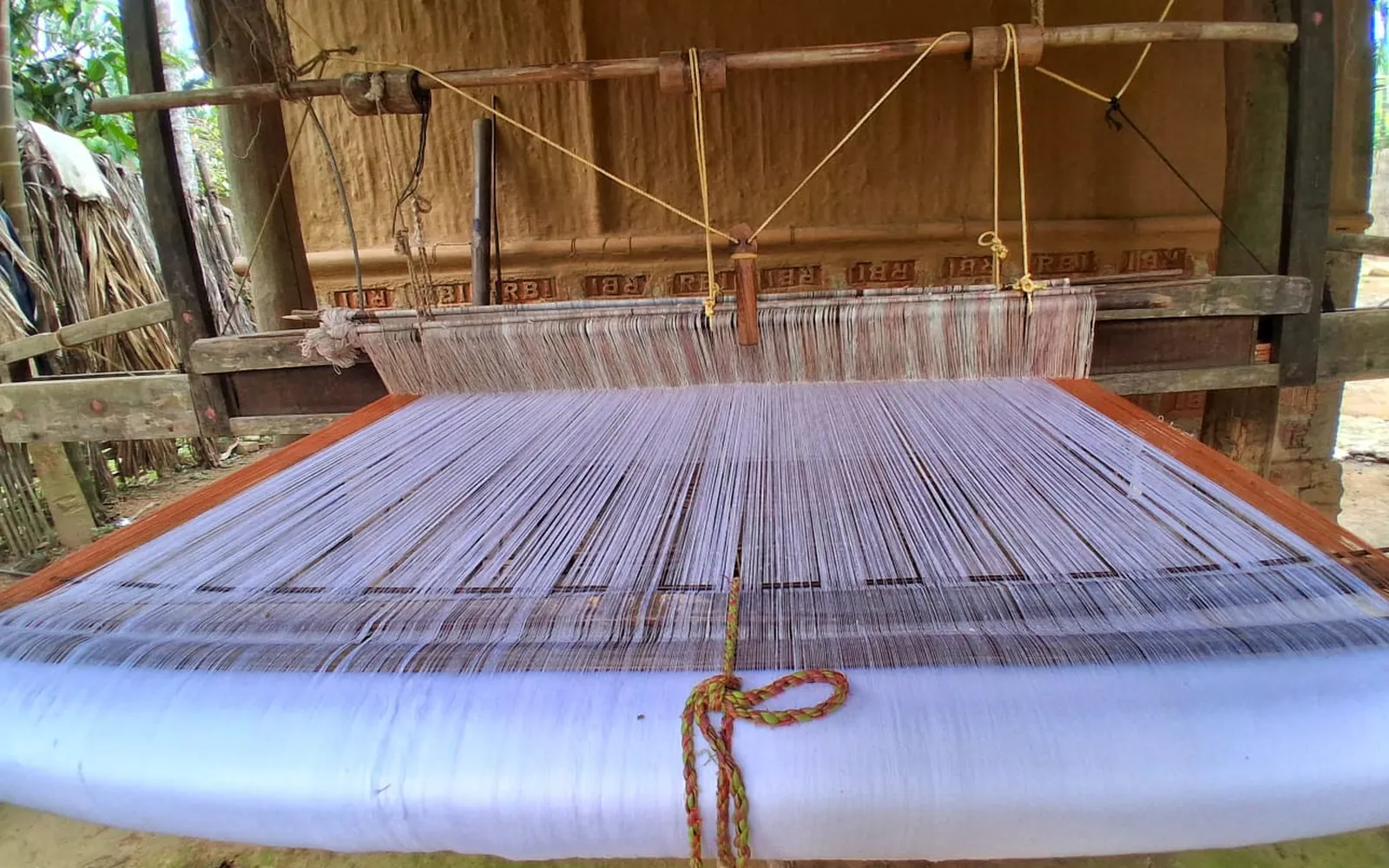 A traditional wooden handloom with a fine white warp stretched across it
